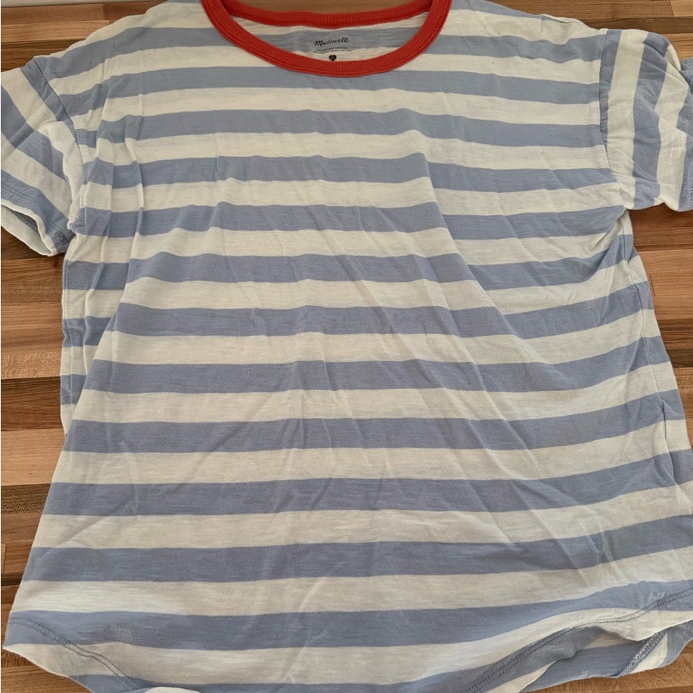Madewell Blue and White Striped Tee with Red Collar